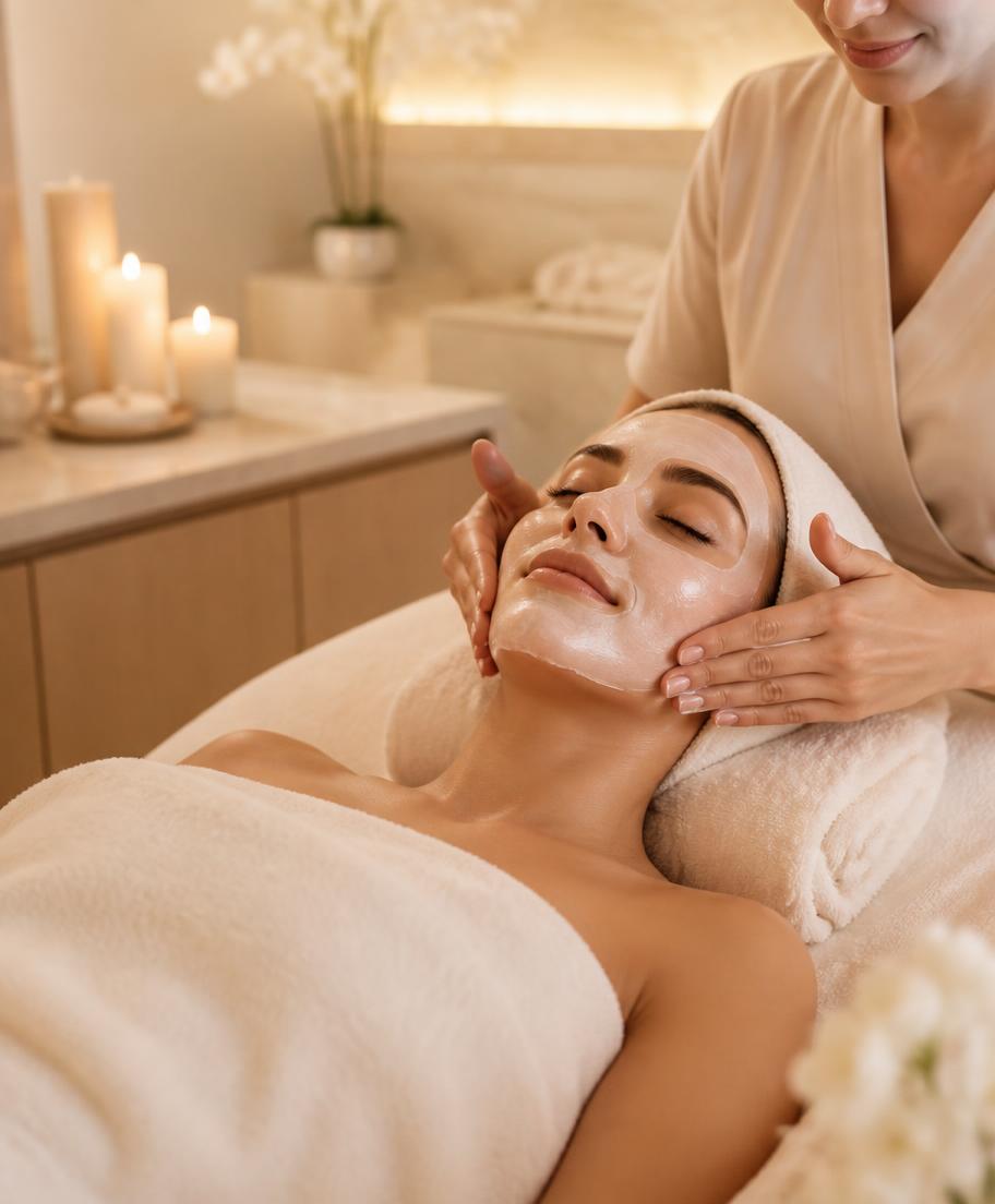 Client receiving a hydrating facial in the spa room