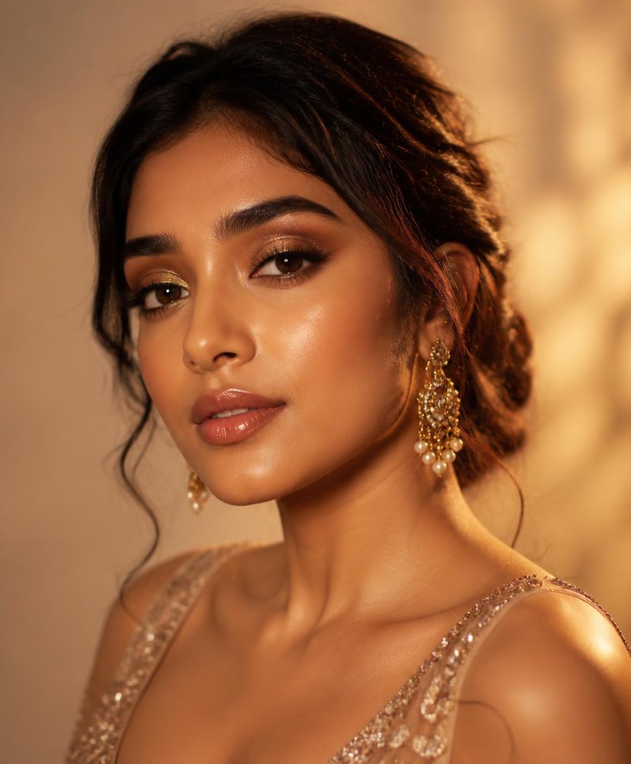 Soft glam party makeup look with golden eyes