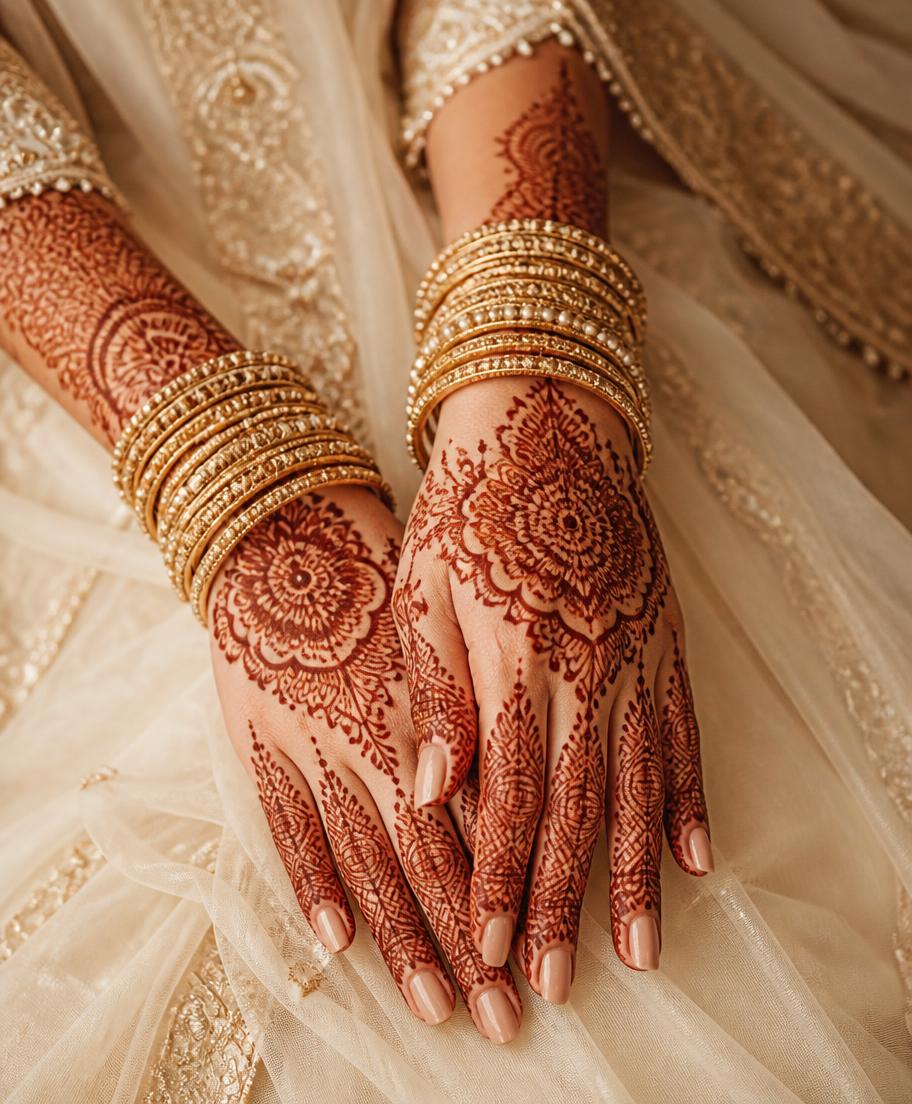 Detailed bridal mehndi design on hands with gold bangles