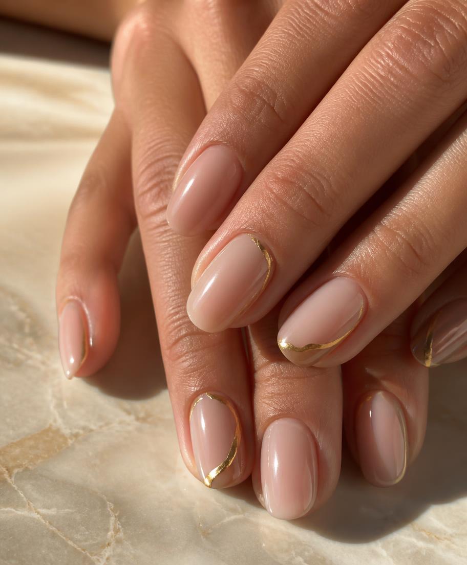 Nude manicure with fine gold accent nail art