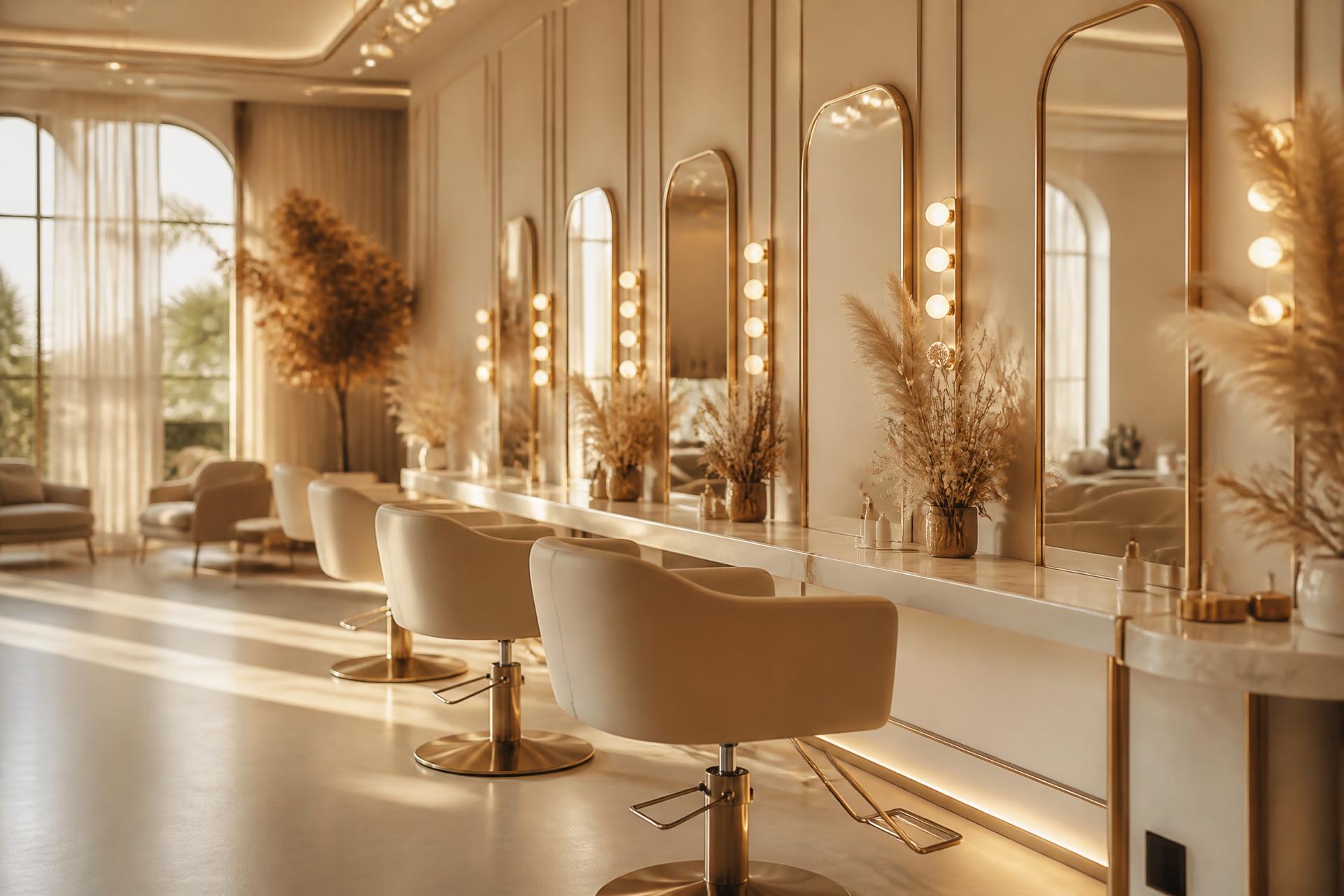 Interior of Maison Lumière with gold arched mirrors and styling chairs